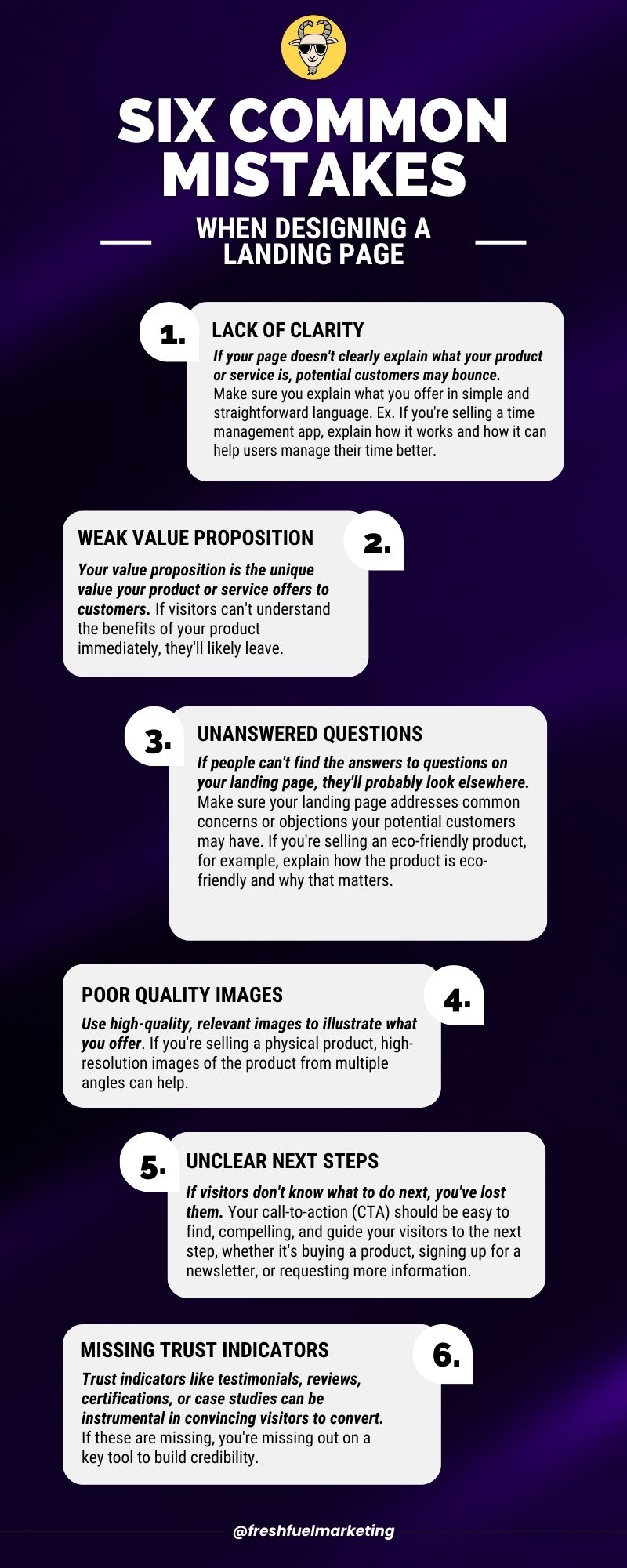 Six Common Mistakes when Designing a Landing Page infographic Fresh Fuel Marketing